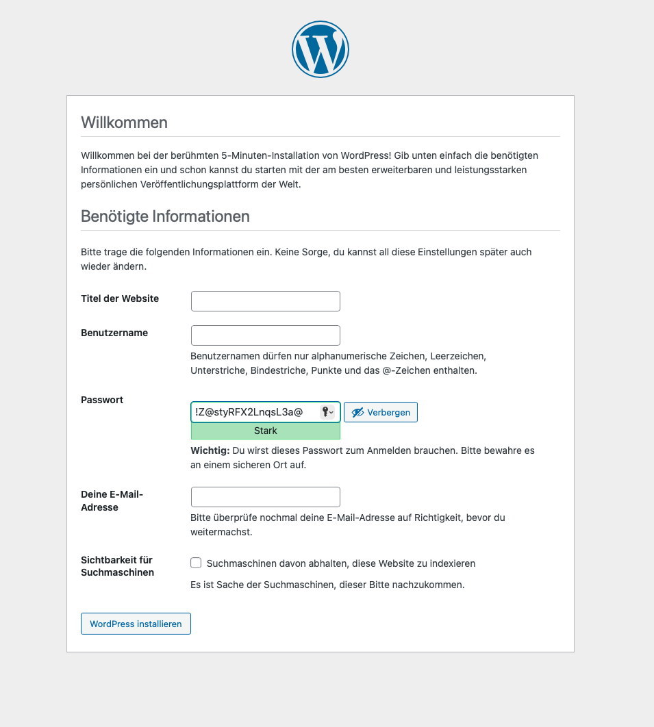 WordPress Installation eingabemaske Adminbereich
